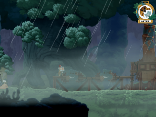 A picture of Chronology showing off the time mechanic. In this picture, we see the world as it exists in the future. It's raining and foggy and the whole mood seems generally unahappy. Crates are overrun by mildew and the plant life has taken over.